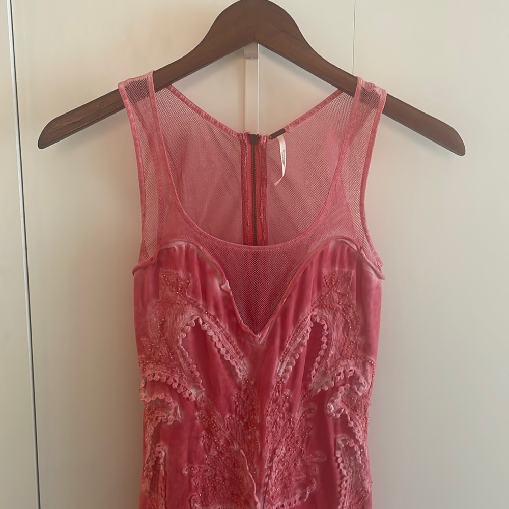 Free People Mesh/Beaded Mini Dress in Coral/Pink and White